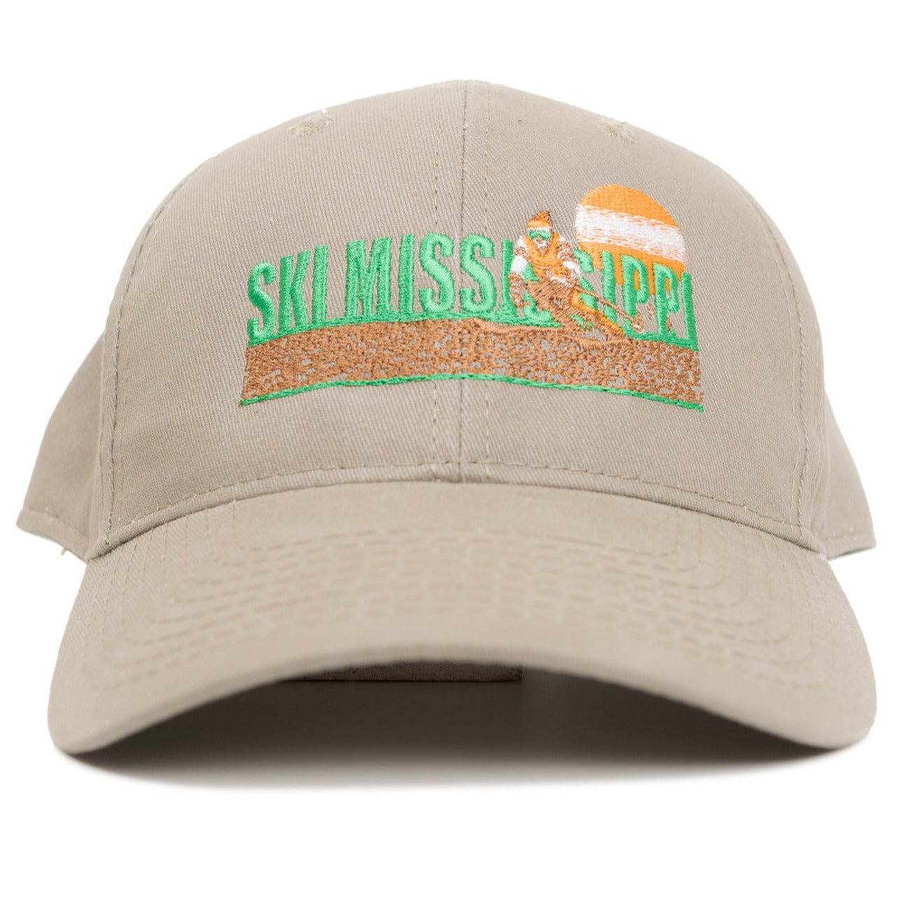khaki embroidered hat featuring the ski mississippi logo in green brown and orange