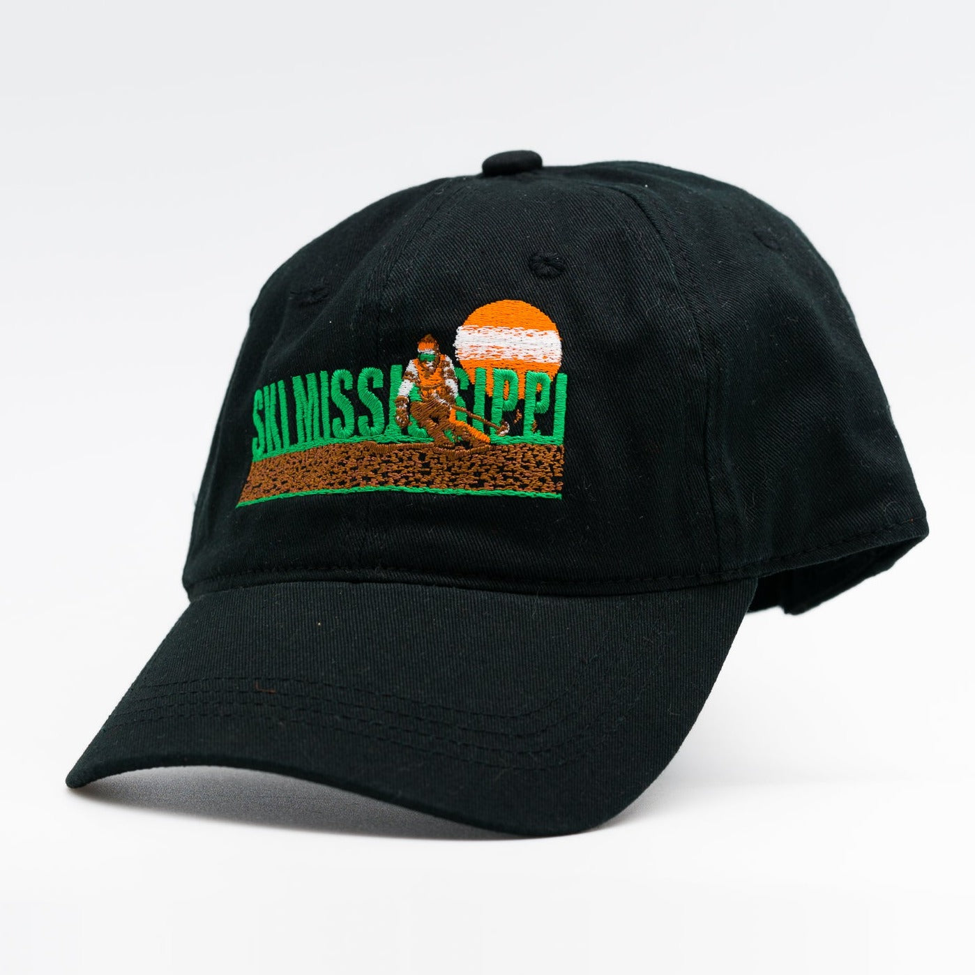 black embroidered hat featuring the ski mississippi logo in green brown and orange