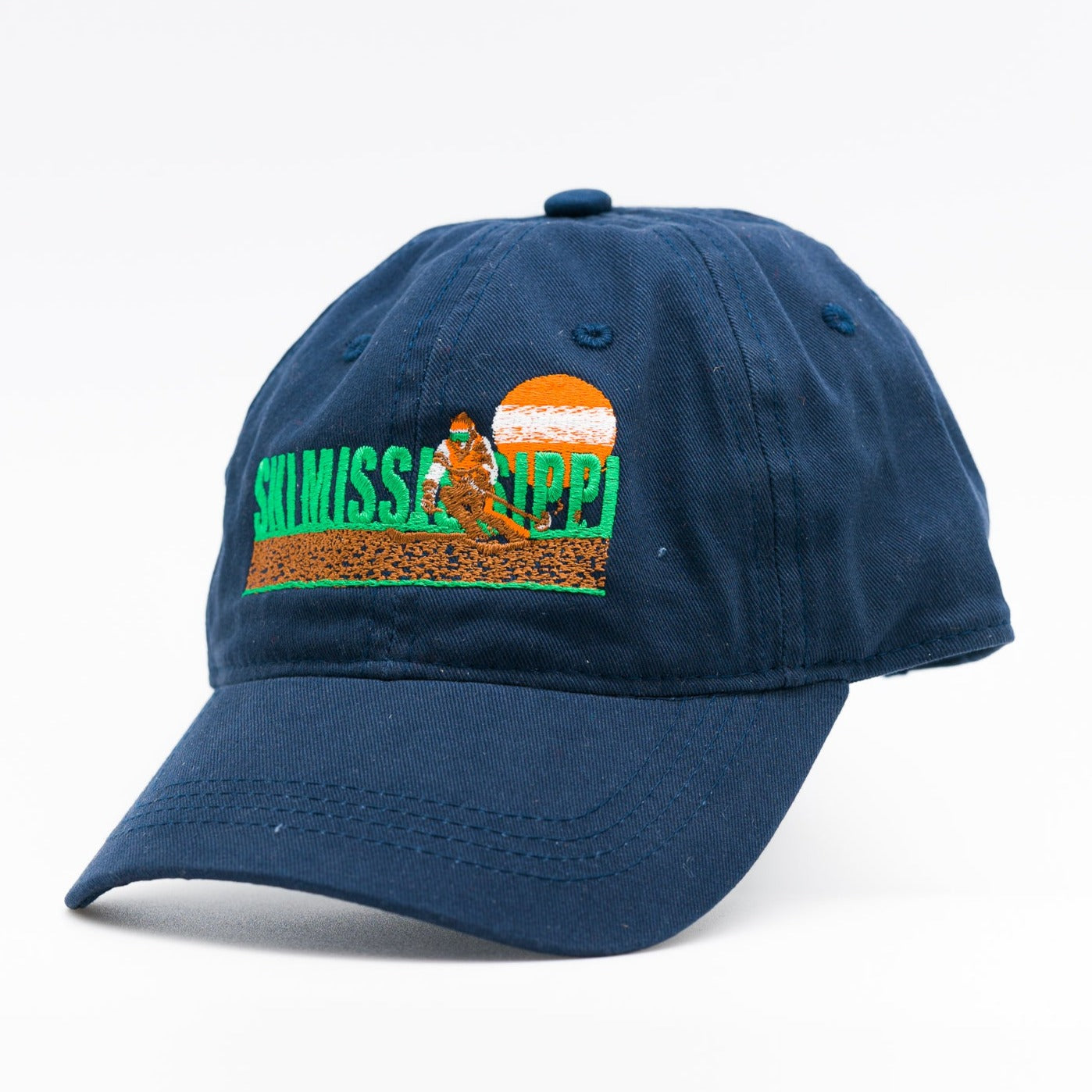 navy blue embroidered hat featuring the ski mississippi logo in green brown and orange