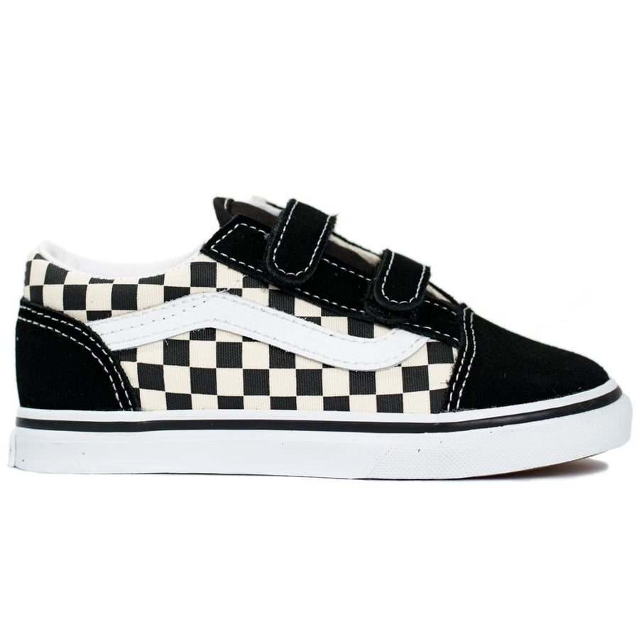vans black and white checkerboard old skool with velcro straps and white sole for toddlers and kids