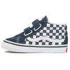 blue vans toddler and kids sk8-mid with blue and white checkerboard side panel and white sidestripe and white sole