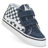 blue vans toddler and kids sk8-mid with blue and white checkerboard side panel and white sidestripe and white sole