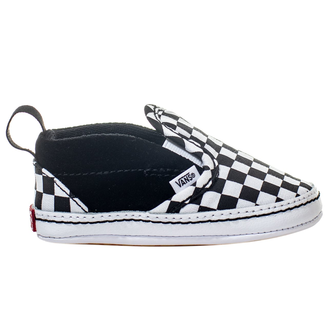 black and white checkerboard vans infant slip-on crib shoes with white sole