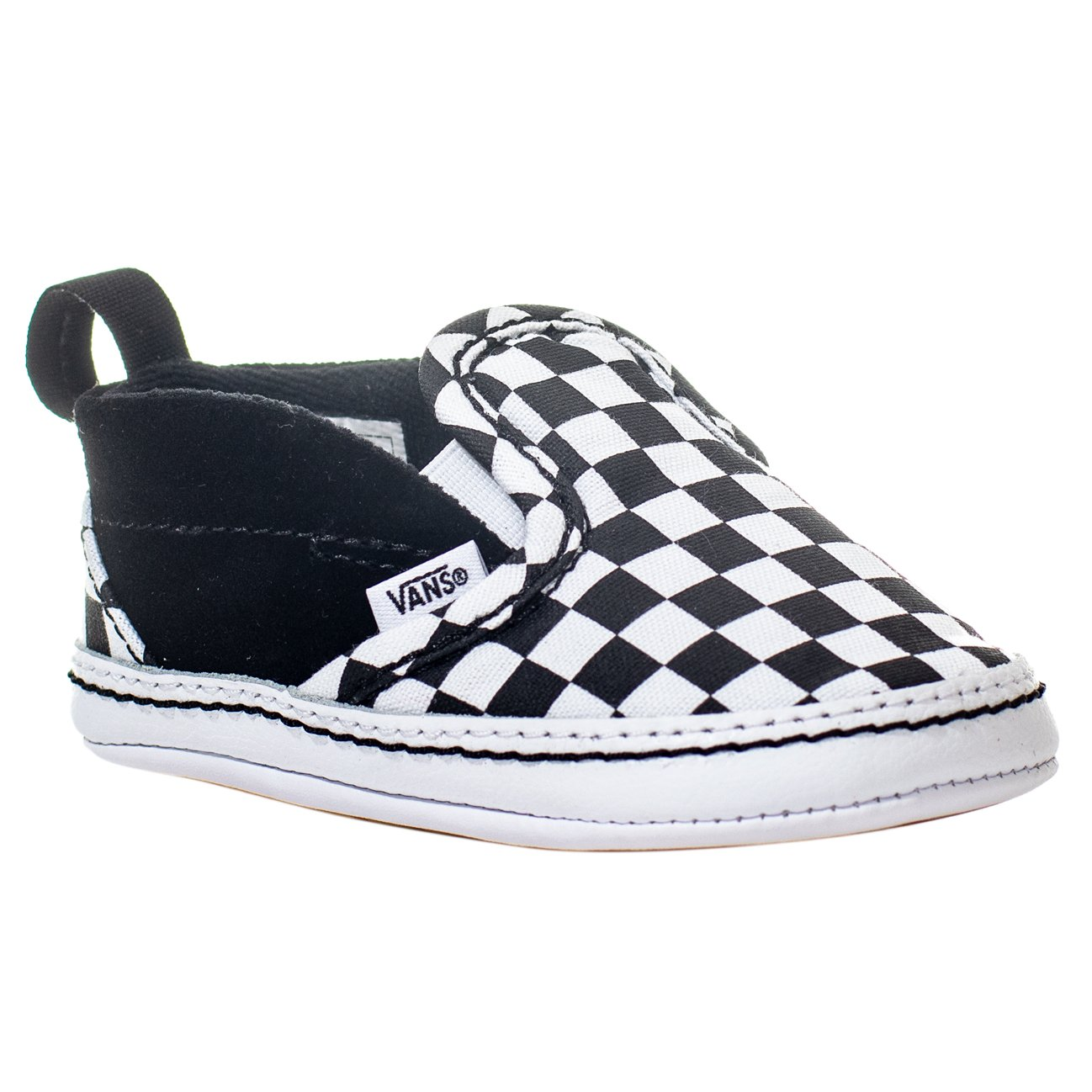black and white checkerboard vans infant slip-on crib shoes with white sole