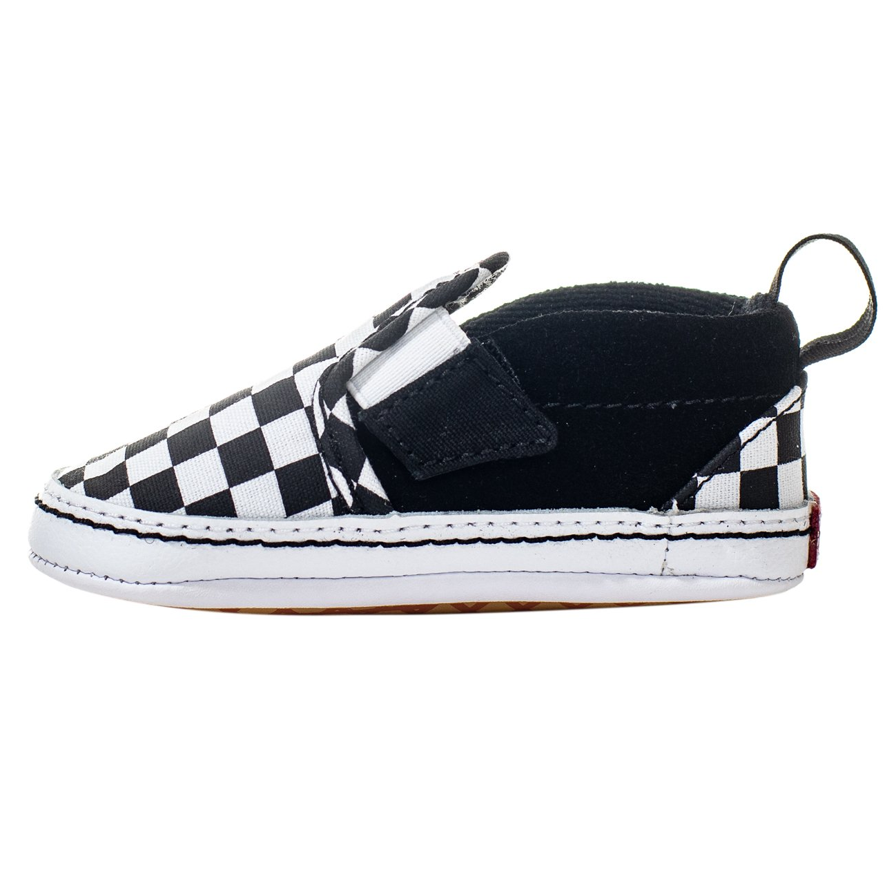 black and white checkerboard vans infant slip-on crib shoes with white sole
