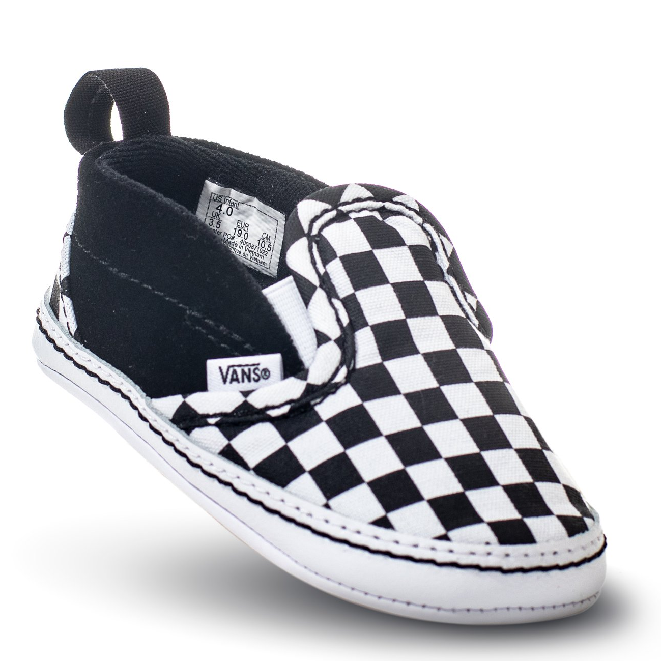 black and white checkerboard vans infant slip-on crib shoes with white sole