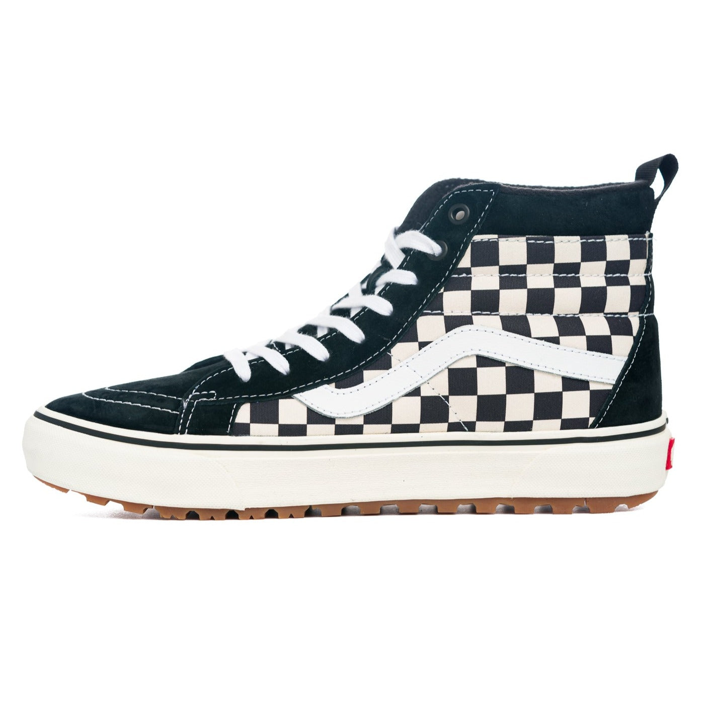 black and white checkerboard vans mte sk8-hi men's high top shoe with pull tab and off white sole
