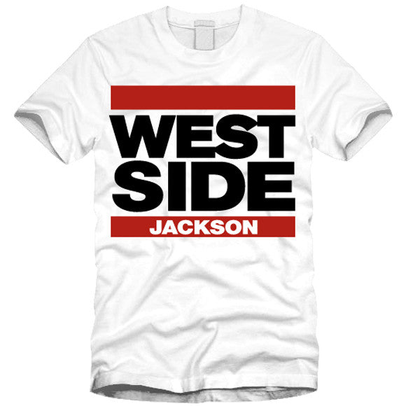 tee shirt featuring the run dmc red bar logo with west side jackson in between
