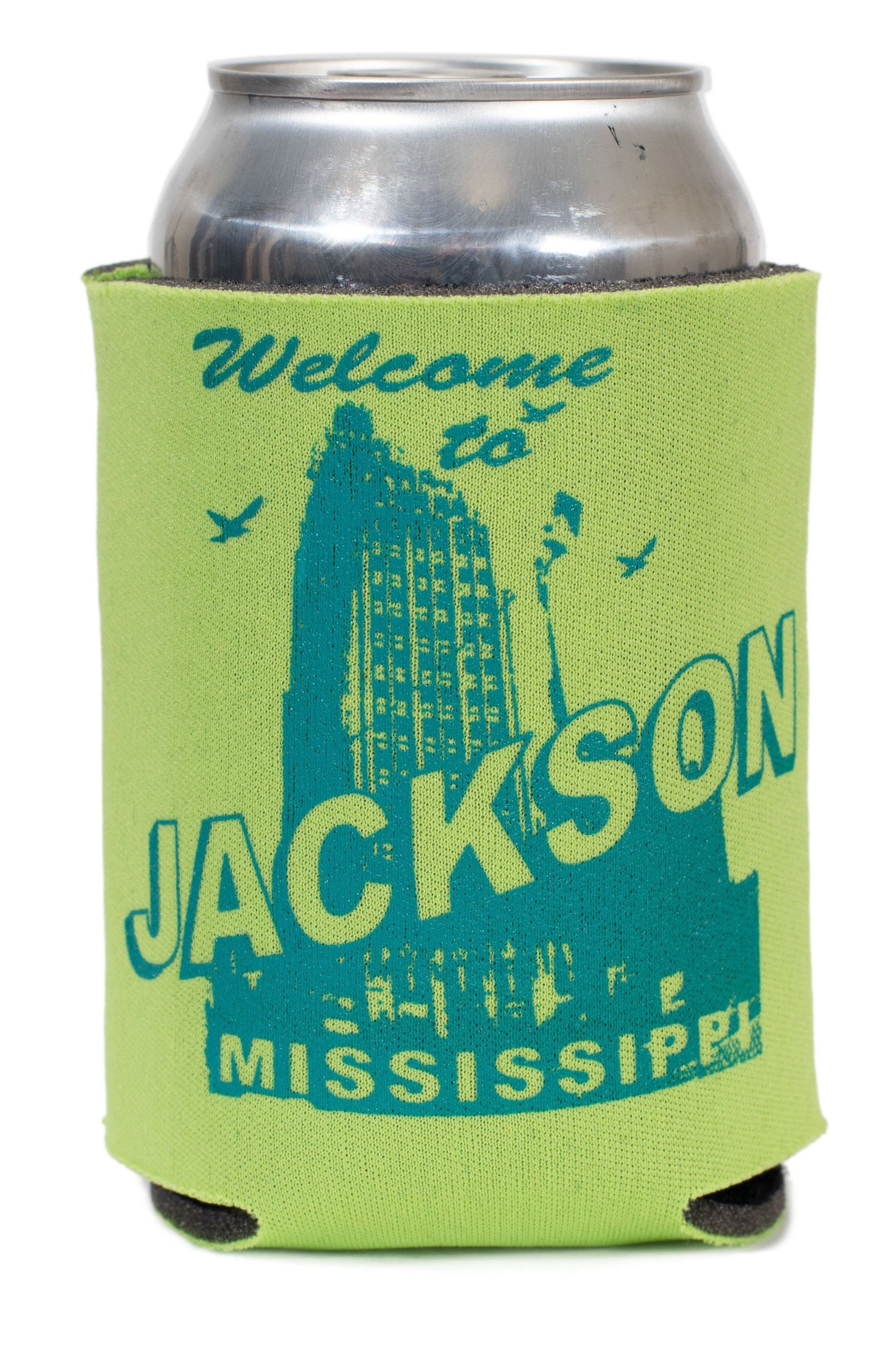 koozie drink holder featuring the king edward and standard life hotels and the slogan welcome to jackson