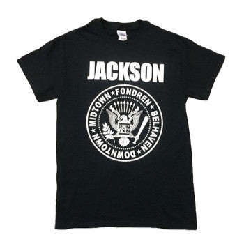 tee shirt featuring the ramones logo with fondren midtown downtown and belhaven neighborhoods around the seal
