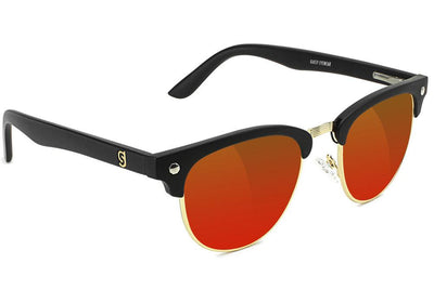 black glassy sunglasses with red lenses