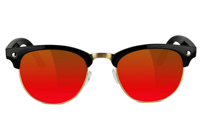 black glassy sunglasses with red lenses