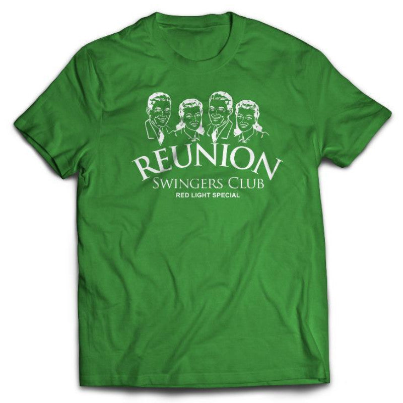 tee shirt featuring 4 people and the slogan reunion swingers club red light special madison mississippi