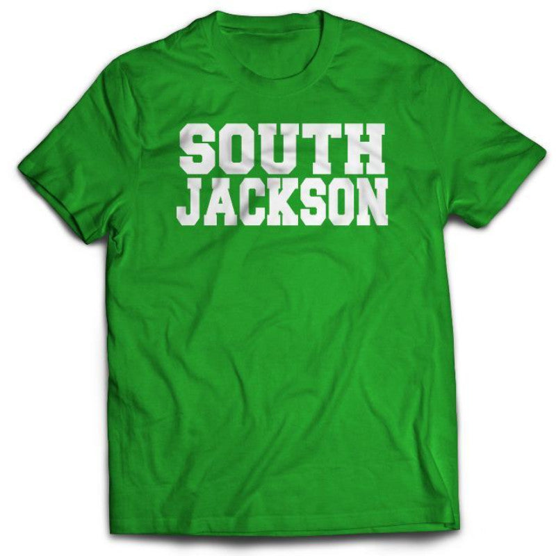 tee shirt featuring south jackson in capitalized block letters