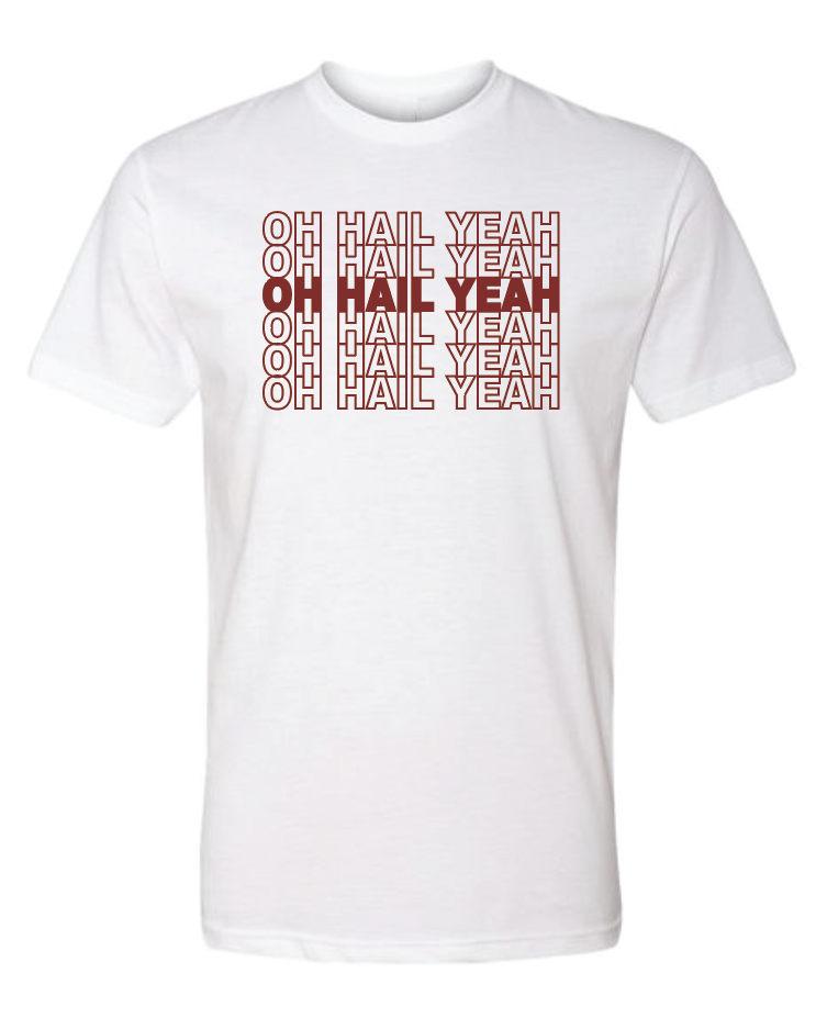 tee shirt with the oh hail yeah slogan in the style of a plastic thank you bag