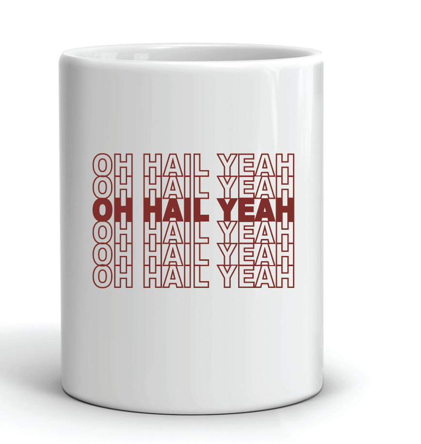 coffee cup with the oh hail yeah slogan in the style of a plastic thank you bag