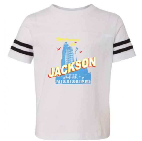 kids and toddler tee shirt or onsie featuring the king edward and standard life hotels and the slogan welcome to jackson