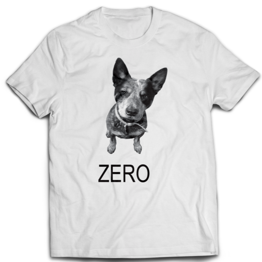 tee shirt featuring zero the blue healer dog