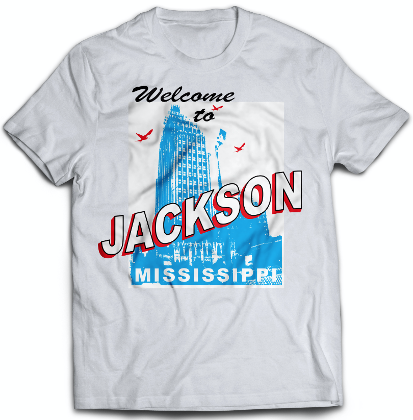 tee shirt featuring the king edward and standard life hotels and the slogan welcome to jackson